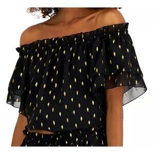 INC XS NWT Black Foil-Print Tiered Top | Off-Shoulder Chic
